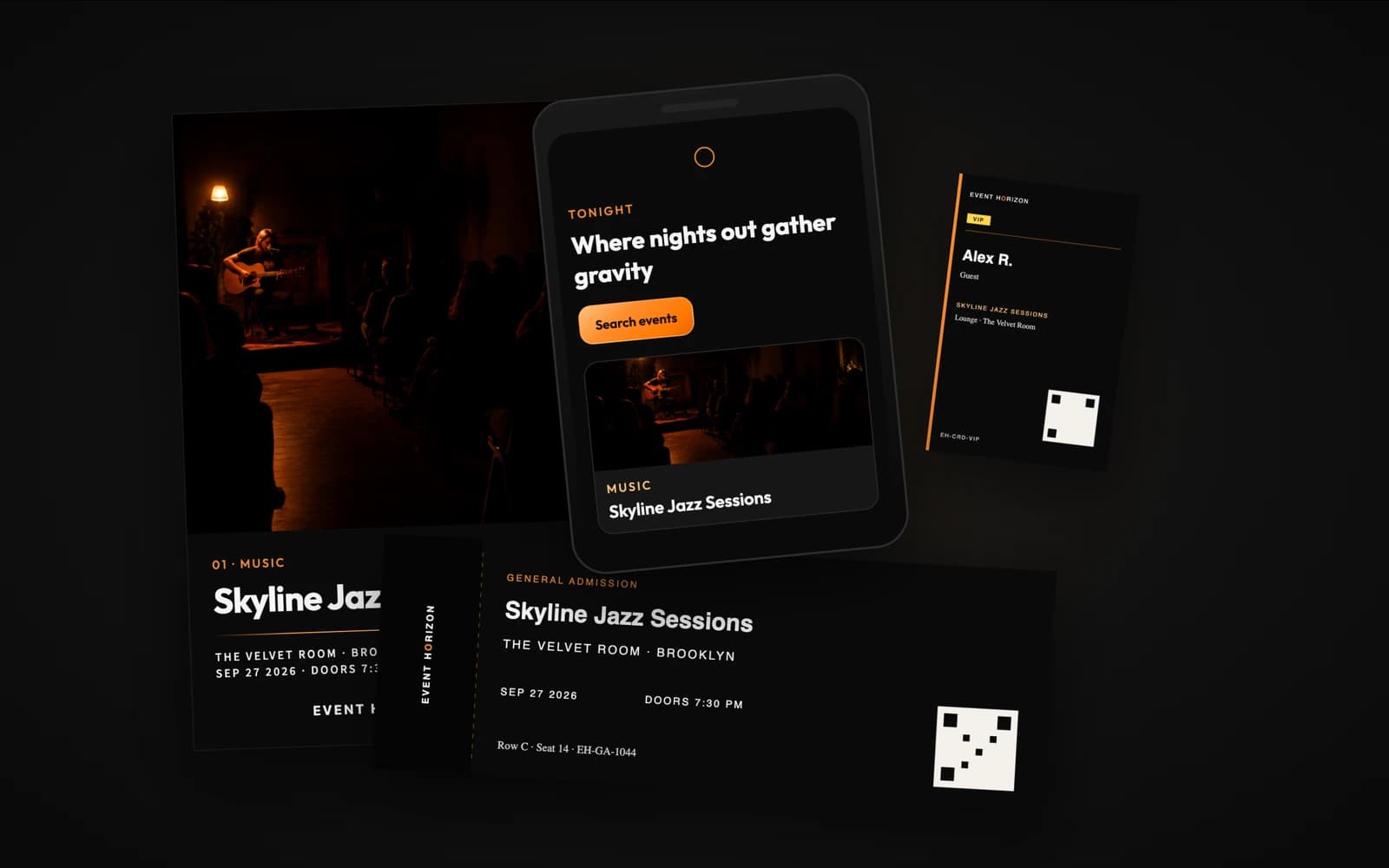 Event Horizon brand identity with campaign poster, mobile interface, event ticket, and VIP credential