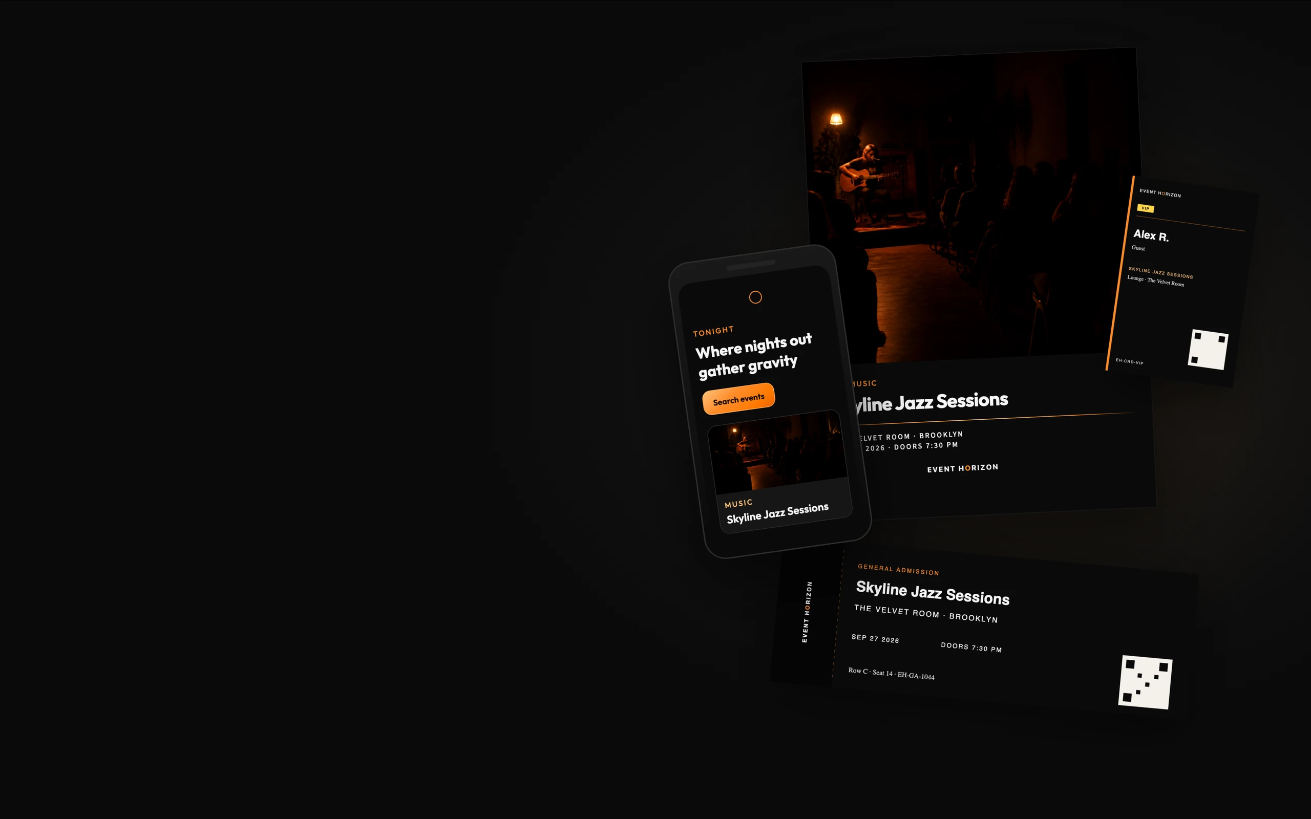 Event Horizon visual identity: campaign poster, mobile product interface, admission ticket, and VIP credential.
