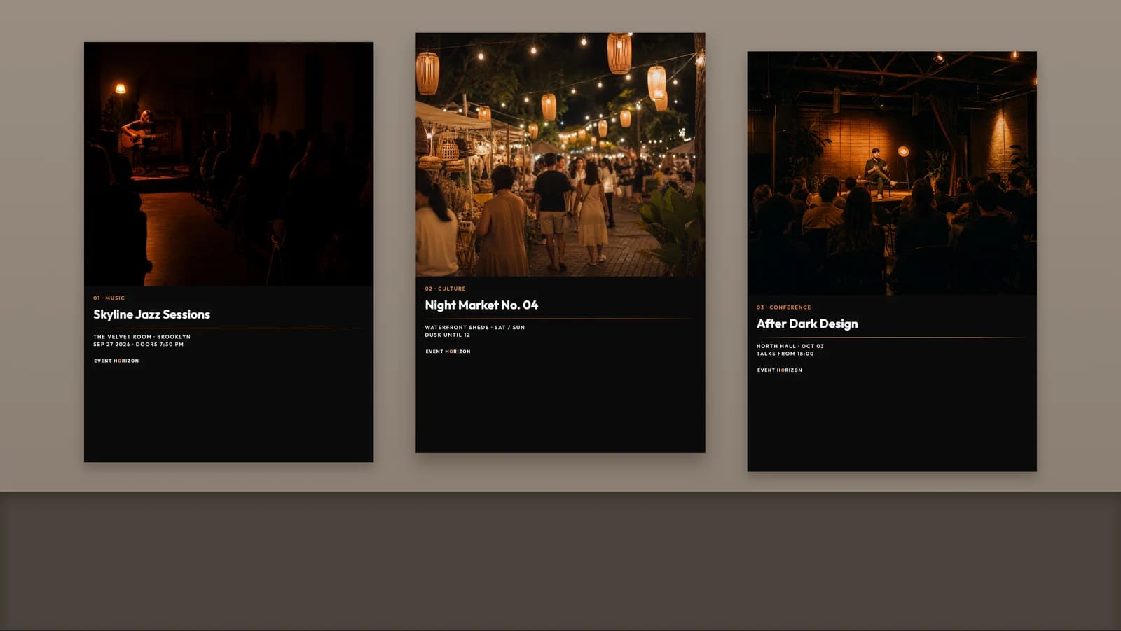 Three Event Horizon campaign posters: Skyline Jazz Sessions, Night Market No. 04, and After Dark Design, each with photography above a dark type field and a thin horizon line.
